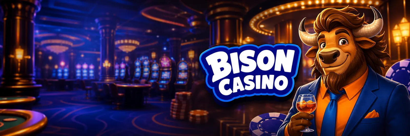 Promotional banner with Bison Casino mascot in elegant casino setting